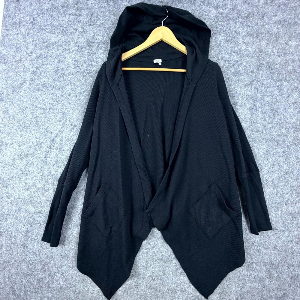 Splendid Thermal Cardigan Hooded Sweater Women L Black Waffle Knit Open Front